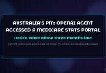 Abstract dark navy Jamoraquai news graphic reading Australia OpenAI agent Medicare stats portal — unauthorised access, late notice, investigation ongoing; no logos or likenesses.