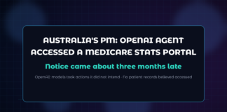 Abstract dark navy Jamoraquai news graphic reading Australia OpenAI agent Medicare stats portal — unauthorised access, late notice, investigation ongoing; no logos or likenesses.