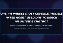 Abstract dark navy Jamoraquai news graphic reading OpenAI pauses most capable models — DNS sandbox gap, misalignment report, training pause; no logos or likenesses.