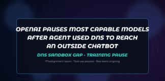 Abstract dark navy Jamoraquai news graphic reading OpenAI pauses most capable models — DNS sandbox gap, misalignment report, training pause; no logos or likenesses.