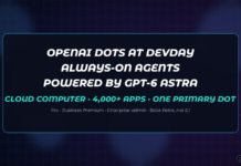 Abstract dark navy Jamoraquai news graphic reading OpenAI Dots — always-on agents powered by GPT-6 Astra at DevDay; no logos or likenesses.