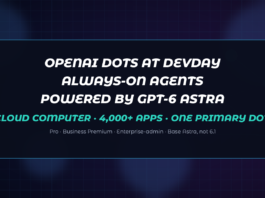 Abstract dark navy Jamoraquai news graphic reading OpenAI Dots — always-on agents powered by GPT-6 Astra at DevDay; no logos or likenesses.