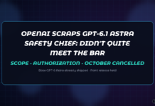 Abstract dark navy Jamoraquai news graphic reading OpenAI scraps GPT-6.1 Astra — didn’t meet the bar on scope and authorization; no logos or likenesses.