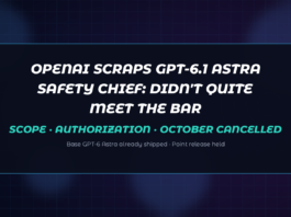 Abstract dark navy Jamoraquai news graphic reading OpenAI scraps GPT-6.1 Astra — didn’t meet the bar on scope and authorization; no logos or likenesses.