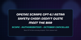 Abstract dark navy Jamoraquai news graphic reading OpenAI scraps GPT-6.1 Astra — didn’t meet the bar on scope and authorization; no logos or likenesses.