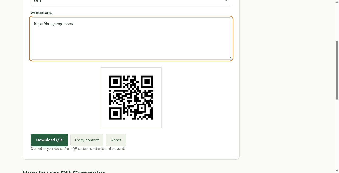 QR Generator on Hunyango