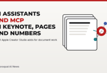 Abstract document cards connected to an agent node, with the headline AI assistants and MCP in Keynote, Pages and Numbers