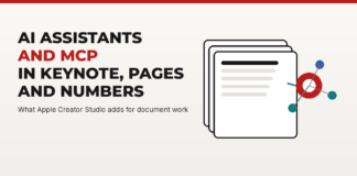 Abstract document cards connected to an agent node, with the headline AI assistants and MCP in Keynote, Pages and Numbers
