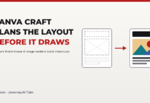 Illustration of a dashed layout sketch with an arrow pointing to a finished poster with mountains and a red sun
