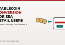Abstract gold token discs flowing into a red conversion slot, with the headline Stablecoin conversion for EEA retail users