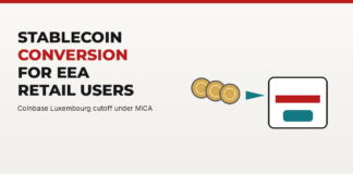 Abstract gold token discs flowing into a red conversion slot, with the headline Stablecoin conversion for EEA retail users