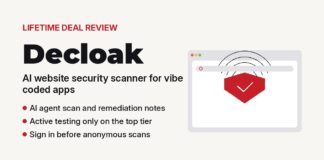 Decloak lifetime deal review illustration of a website security scan grade beside an AI agent shield