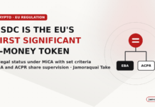 A red stable token above two boxes labelled EBA and ACPR, with the text USDC Is the EU's First Significant E-Money Token