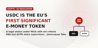 EBA Classifies Circle’s USDC as the EU’s First Significant E-Money Token Under MiCA: What Changes on November 12 A red stable token above two boxes labelled EBA and ACPR, with the text USDC Is the EU's First Significant E-Money Token