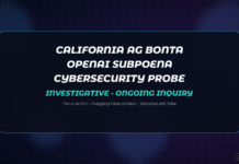 Abstract dark navy Jamoraquai news graphic reading California AG Rob Bonta serves investigative subpoena on OpenAI over AI cybersecurity incidents; no logos or likenesses.