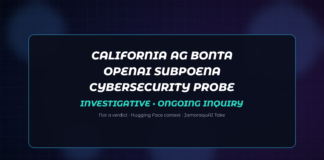 Abstract dark navy Jamoraquai news graphic reading California AG Rob Bonta serves investigative subpoena on OpenAI over AI cybersecurity incidents; no logos or likenesses.