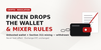 Light Jamoraquai crypto news graphic reading FinCEN drops the wallet and mixer rules, with an abstract wallet beside a struck-through document; no logos or likenesses.