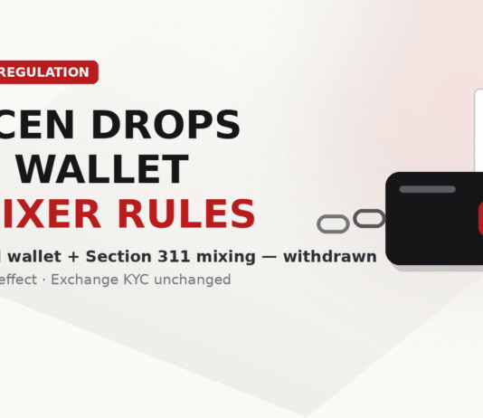 Light Jamoraquai crypto news graphic reading FinCEN drops the wallet and mixer rules, with an abstract wallet beside a struck-through document; no logos or likenesses.