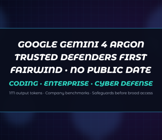 Abstract dark navy Jamoraquai news graphic reading Google Gemini 4 Argon — flagship limited to trusted cyber defenders first; no logos or likenesses.