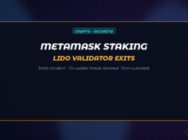 Abstract dark navy Jamoraquai crypto graphic reading MetaMask Staking — Lido validator exits after infrastructure security incident; no logos or trademarks.