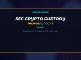 Abstract dark navy Jamoraquai crypto graphic reading SEC crypto custody proposal — self-custody path and state trusts; no logos or seals.