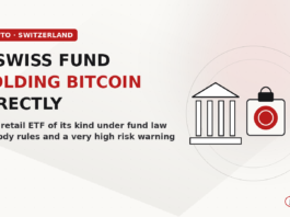 Abstract illustration of a plain bank building beside a locked box holding a red coin, with a red warning triangle