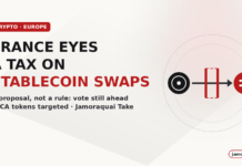 A plain coin, a dashed red proposed gate and a stablecoin token joined by an arrow, with the text France Eyes a Tax on Stablecoin Swaps
