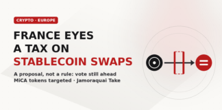 A plain coin, a dashed red proposed gate and a stablecoin token joined by an arrow, with the text France Eyes a Tax on Stablecoin Swaps