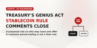 A red stable token above two boxes labelled Issue and Offer, with the text Treasury's GENIUS Act Stablecoin Rule Comments Close