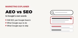 Search bar above a highlighted AI answer card, headline "AEO vs SEO".