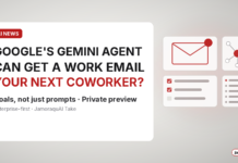 Light Jamoraquai news graphic on Google's Gemini agent for work, which can get its own work email as a coworker agent; abstract envelope, checklist and connected-node icons, no logos.