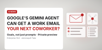 Light Jamoraquai news graphic on Google's Gemini agent for work, which can get its own work email as a coworker agent; abstract envelope, checklist and connected-node icons, no logos.