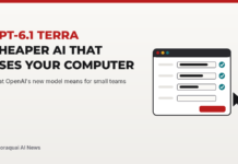 App window with form fields being filled in and checked off, next to a mouse cursor, with the headline GPT-6.1 Terra, cheaper AI that uses your computer