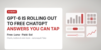 GPT-6 Is Rolling Out to Free ChatGPT. Here’s What “Intelligent UI” Actually Changes (and Who Gets Sol vs Luna) Light Jamoraquai news graphic on GPT-6 rolling out to free ChatGPT with Intelligent UI; abstract chart, button and slider widgets, no logos or likenesses.