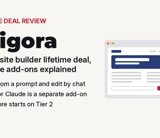 Grigora lifetime deal review illustration of a browser window showing a website layout with a hero banner, text blocks and a signup form