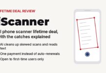 iScanner lifetime deal review illustration of a phone camera screen detecting the borders of a tilted paper document