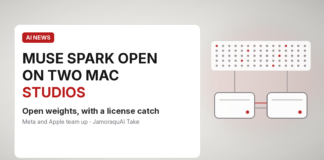 Light Jamoraquai news graphic reading "Muse Spark Open on two Mac Studios" with a dot-grid model card linked to two desktop boxes; no logos or people.