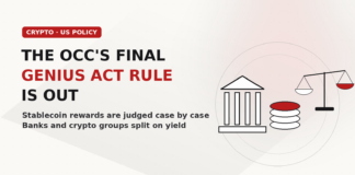 OCC Finalizes Its GENIUS Act Stablecoin Rule as Banks and Crypto Split Over Rewards Abstract illustration of a plain bank building beside a stack of coins with a red top coin and a balance scale
