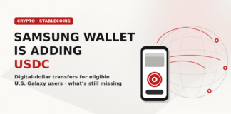 Light Jamoraquai crypto news graphic reading Samsung Wallet is adding USDC, with a generic phone and send arcs over a dotted globe; no logos.