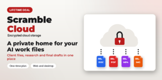 Scramble Cloud lifetime deal review – encrypted cloud storage illustrated as a locked cloud holding documents, PDFs and videos.