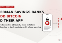 Abstract illustration of a plain phone screen with a crypto coin inside a locked box, beside a red warning triangle