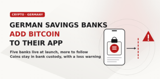 Abstract illustration of a plain phone screen with a crypto coin inside a locked box, beside a red warning triangle