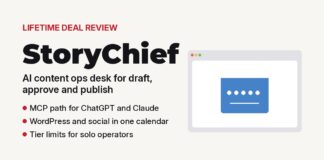 StoryChief lifetime deal review graphic for AI content ops desks with calendar and publish channels