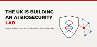 Illustration of a shield holding a red and teal DNA helix, linked to a small network of AI nodes