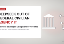 US Bars DeepSeek From Federal Civilian Agencies, Including Products Developed Using It Abstract illustration of a government building outline beside a network diagram with one red node struck through
